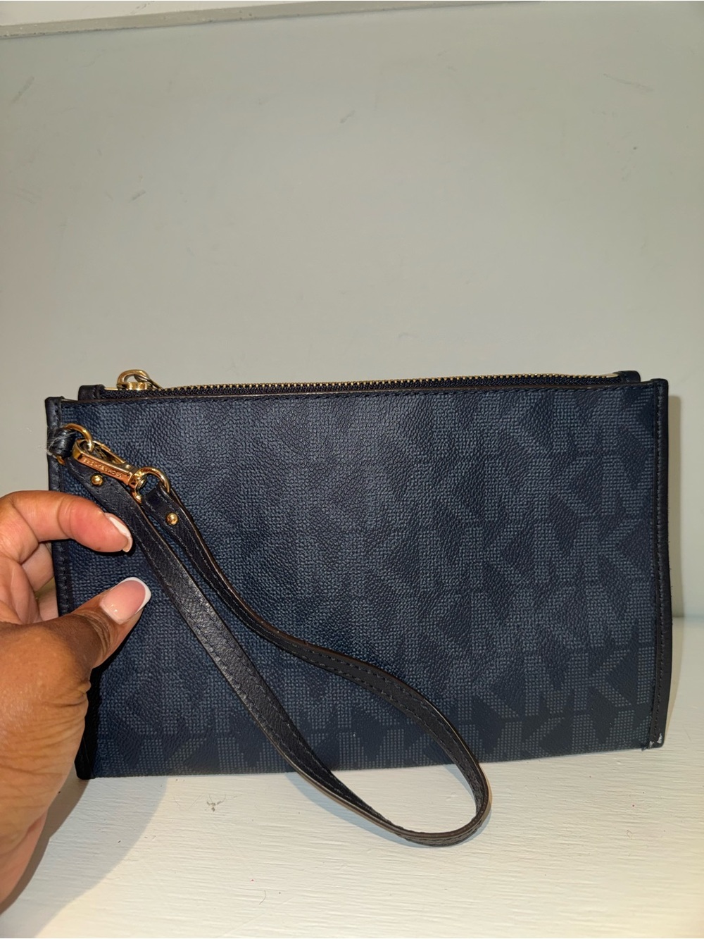 Michael Kors Navy MK Logo Wristlet with Gold Hardware